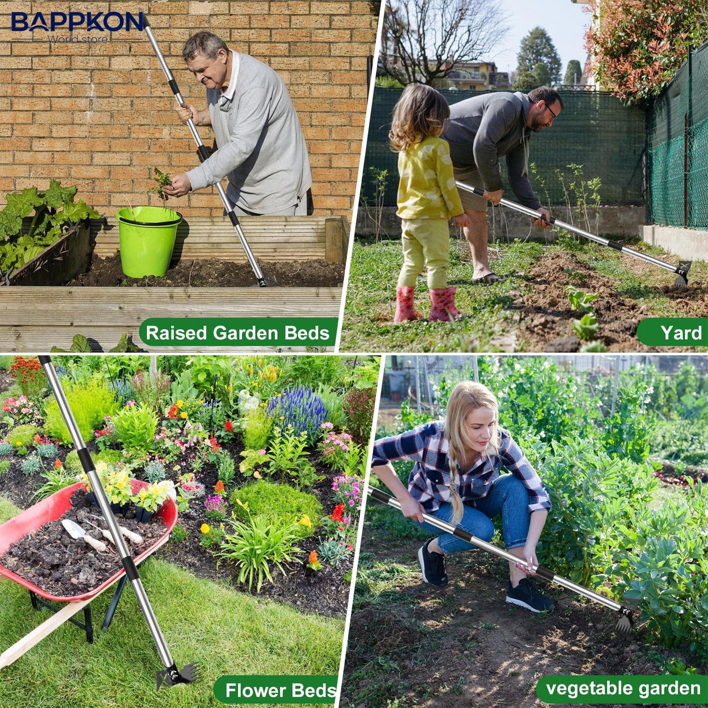 2 in 1 Weed Hoe & Rake Tool – 150cm Adjustable Long Handle, Heavy - Duty Alloy Steel Weeding Tool for Garden & Lawn - BAPPKON Garden Store