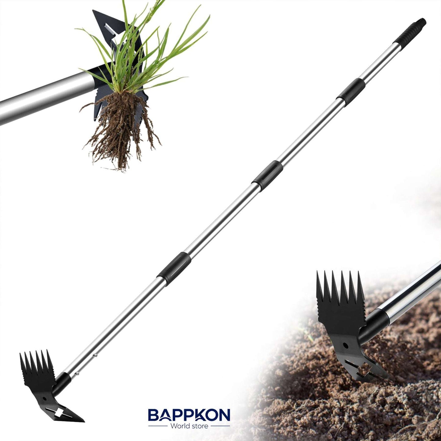 2 in 1 Weed Hoe & Rake Tool – 150cm Adjustable Long Handle, Heavy - Duty Alloy Steel Weeding Tool for Garden & Lawn - BAPPKON Garden Store