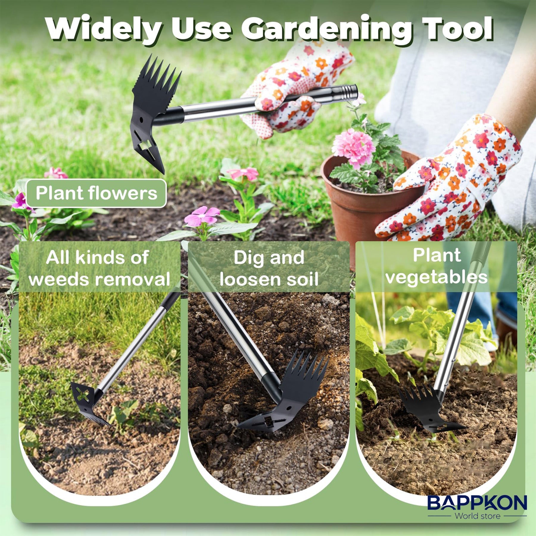 2 in 1 Weed Hoe & Rake Tool – 150cm Adjustable Long Handle, Heavy - Duty Alloy Steel Weeding Tool for Garden & Lawn - BAPPKON Garden Store