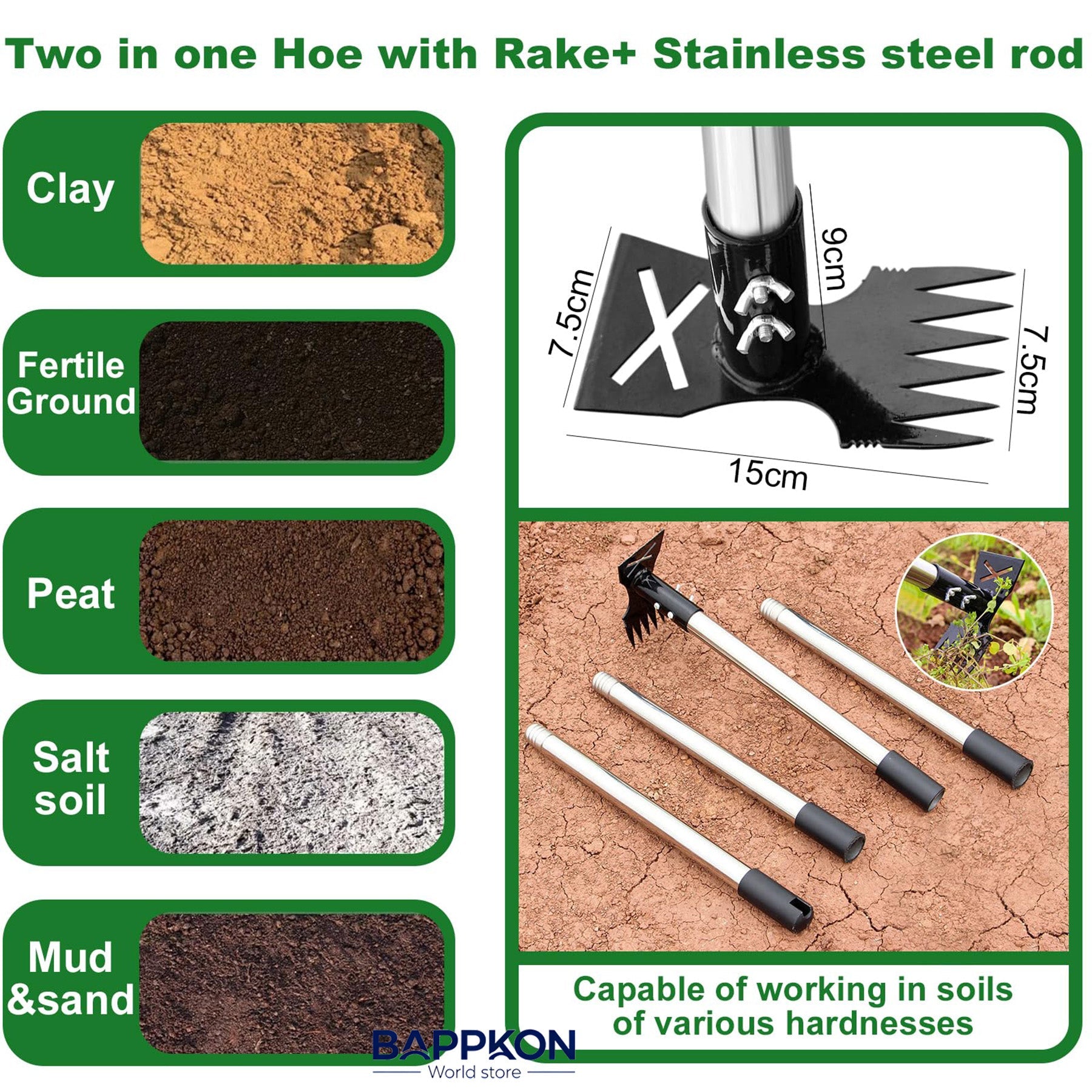 2 in 1 Weed Hoe & Rake Tool – 150cm Adjustable Long Handle, Heavy - Duty Alloy Steel Weeding Tool for Garden & Lawn - BAPPKON Garden Store