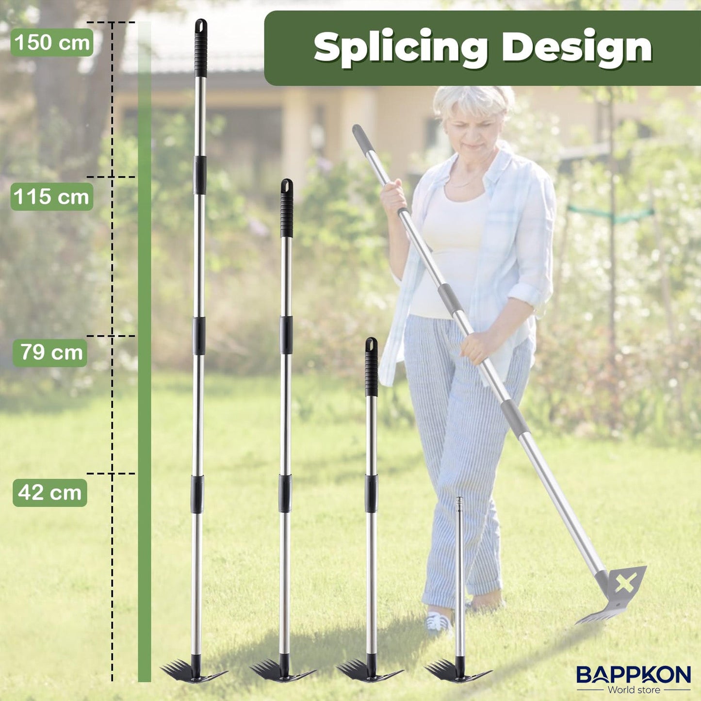 2 in 1 Weed Hoe & Rake Tool – 150cm Adjustable Long Handle, Heavy - Duty Alloy Steel Weeding Tool for Garden & Lawn - BAPPKON Garden Store