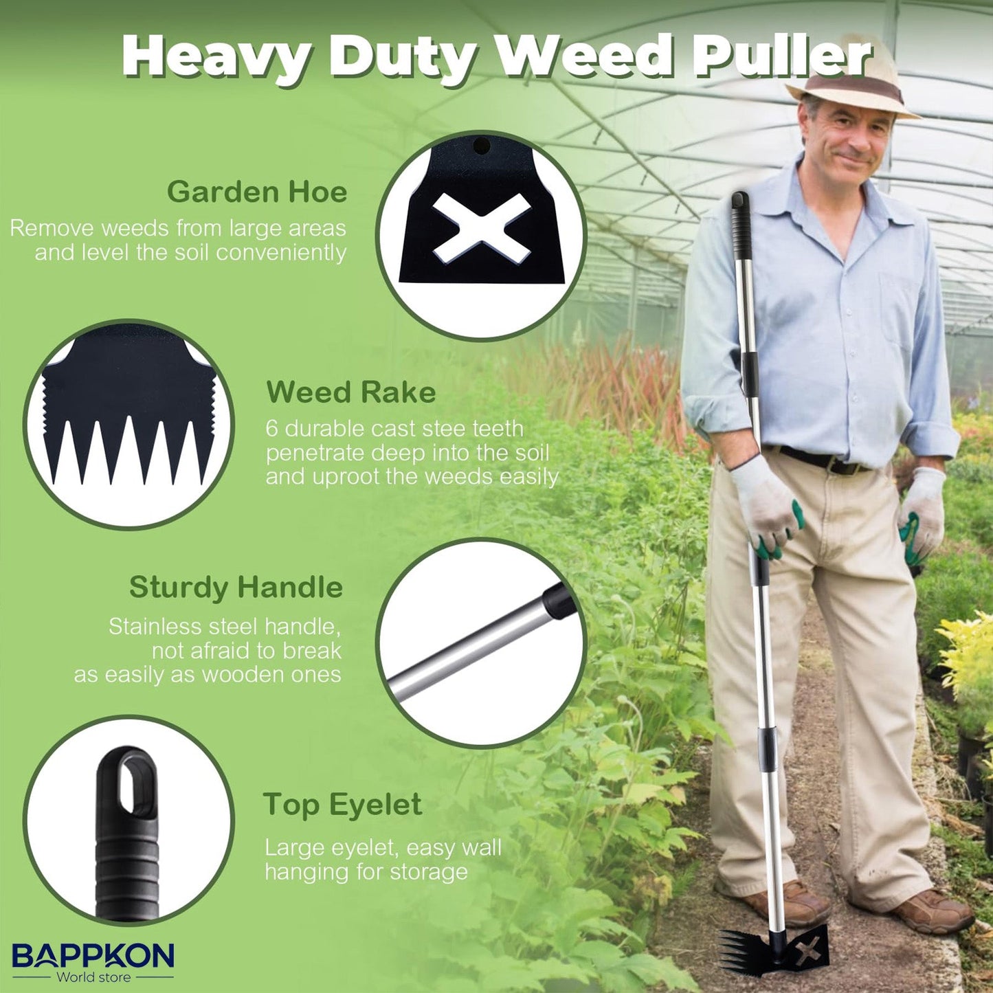 2 in 1 Weed Hoe & Rake Tool – 150cm Adjustable Long Handle, Heavy - Duty Alloy Steel Weeding Tool for Garden & Lawn - BAPPKON Garden Store