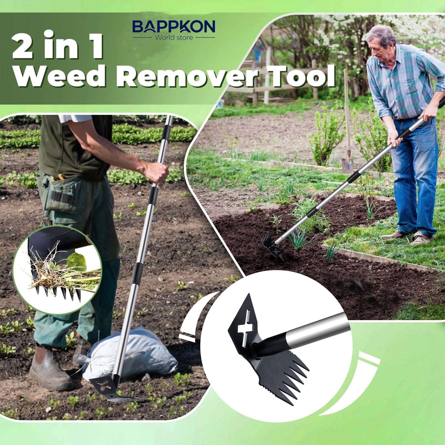 2 in 1 Weed Hoe & Rake Tool – 150cm Adjustable Long Handle, Heavy - Duty Alloy Steel Weeding Tool for Garden & Lawn - BAPPKON Garden Store