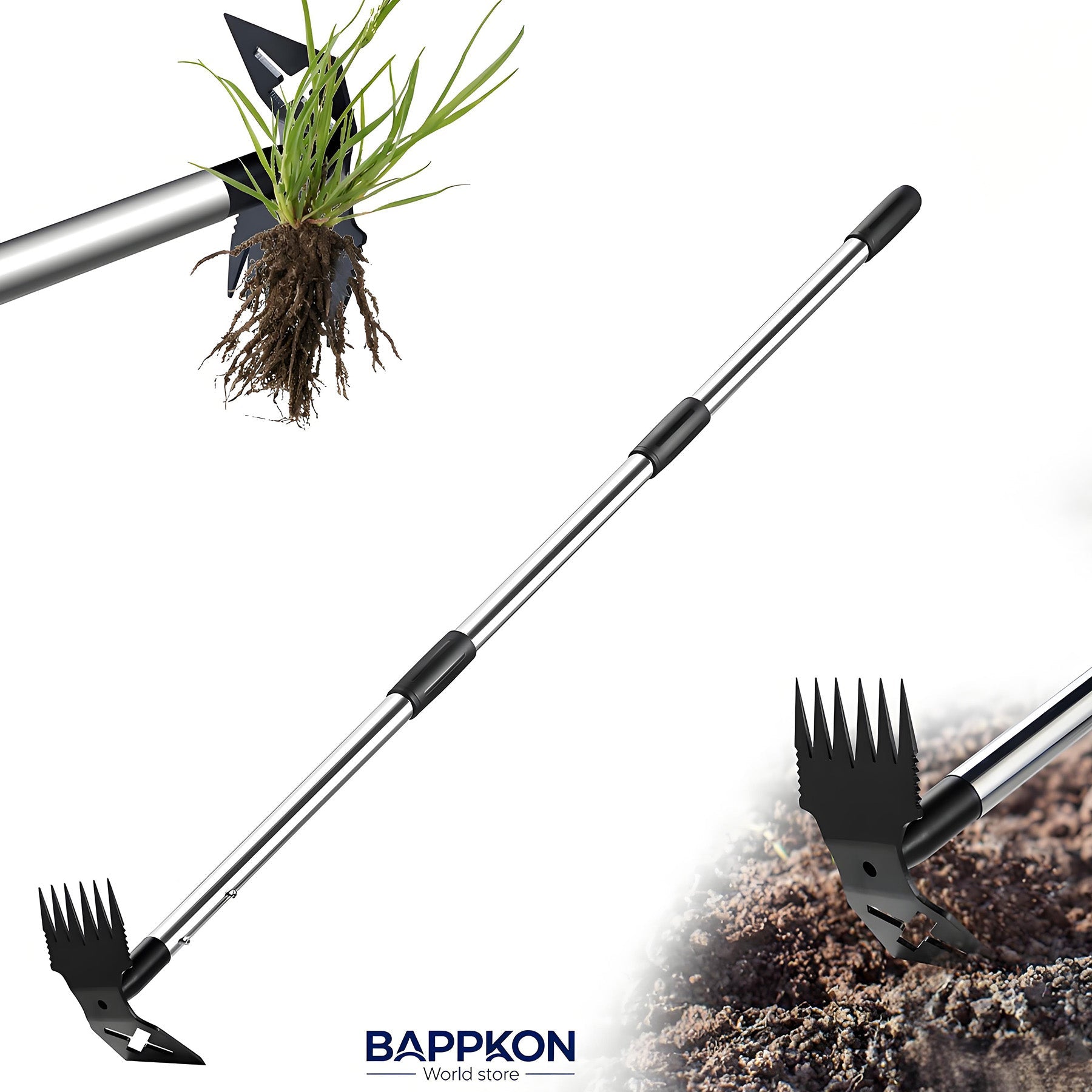 2 in 1 Weed Hoe & Rake Tool – 150cm Adjustable Long Handle, Heavy - Duty Alloy Steel Weeding Tool for Garden & Lawn - BAPPKON Garden Store