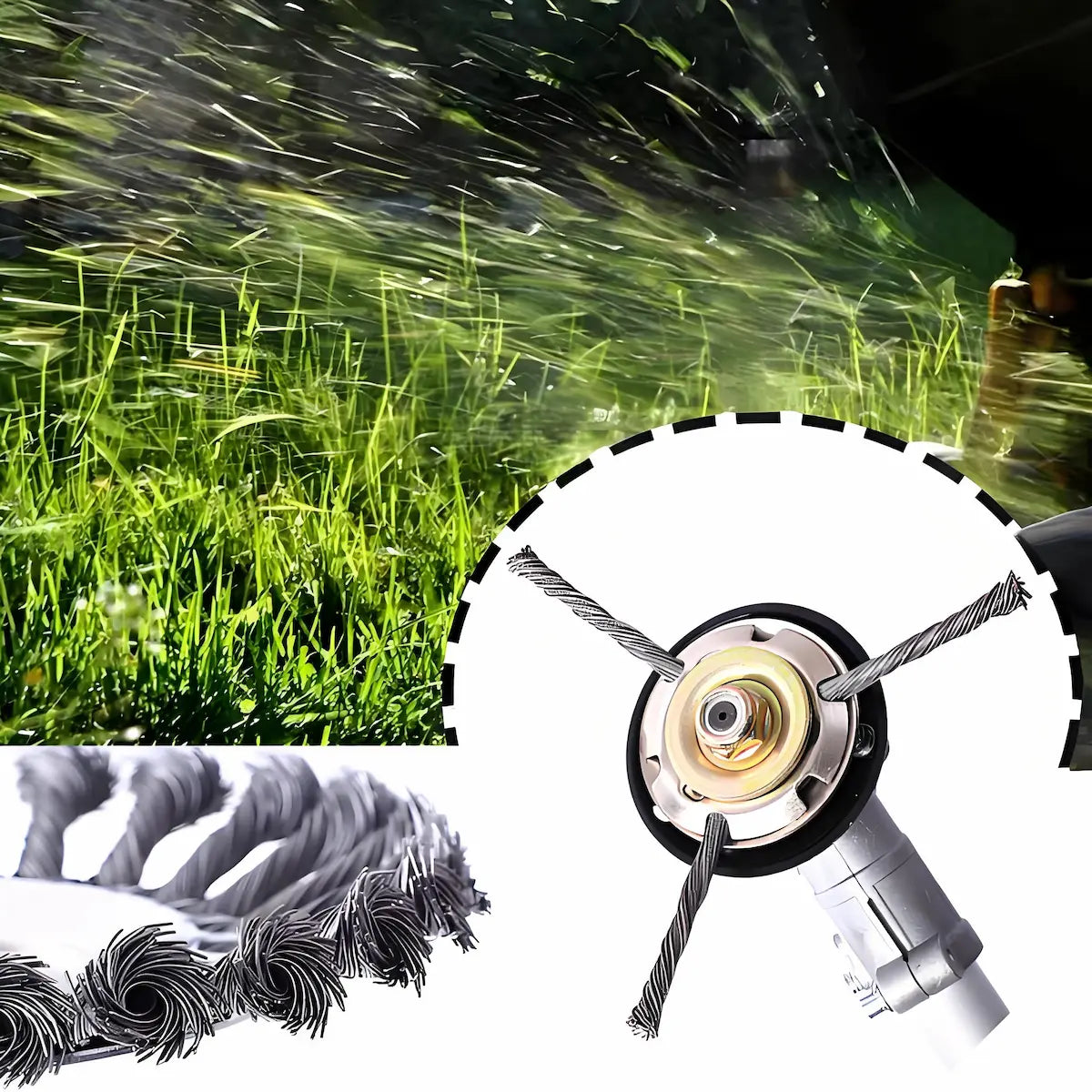 Steel Wire Strimmer Head Close-up Knotted Wire Construction - Heavy Duty Garden Tool