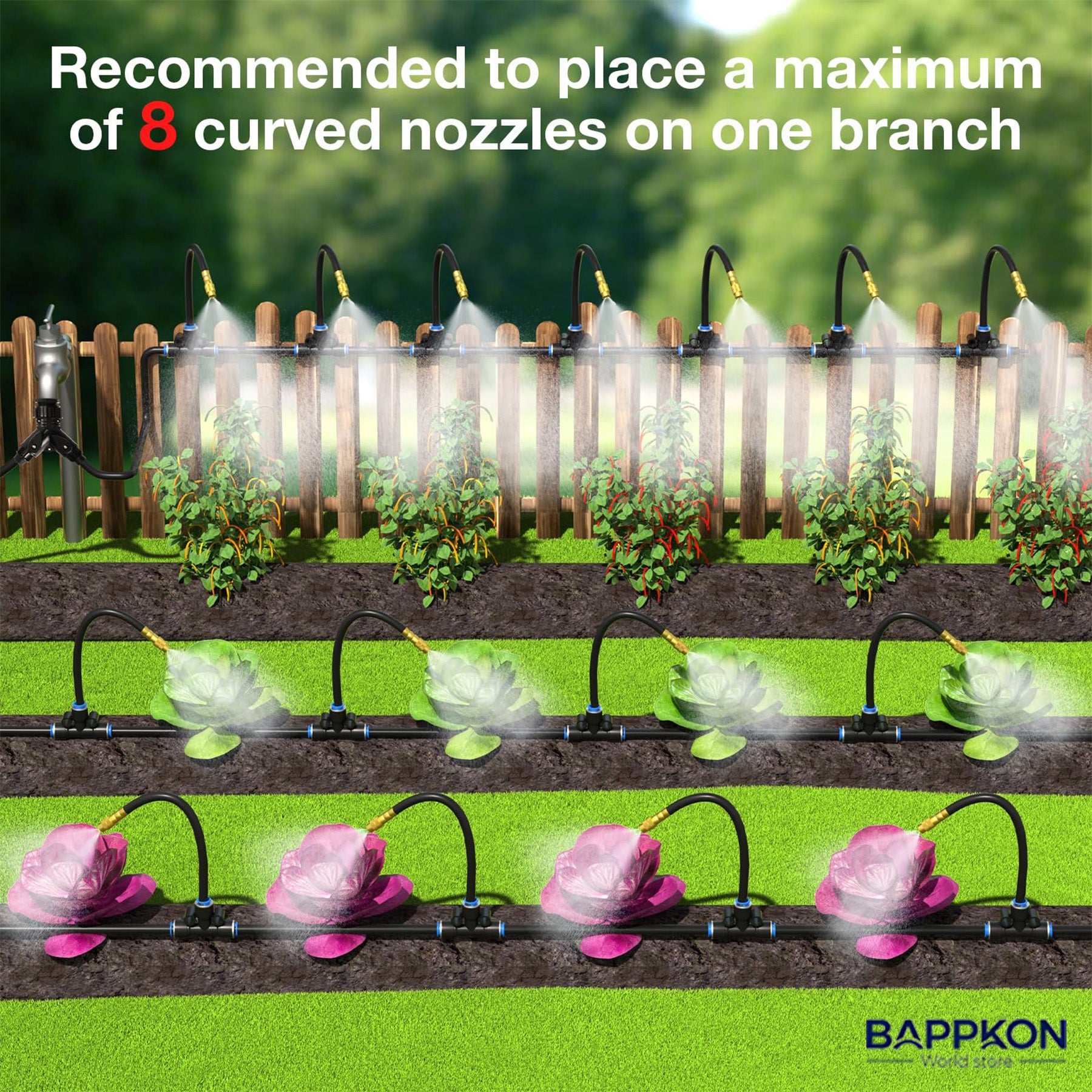 BAPPKON 360° Drip Irrigation Kit - 16 Nozzles, 100ft Auto Watering System - BAPPKON Garden Store