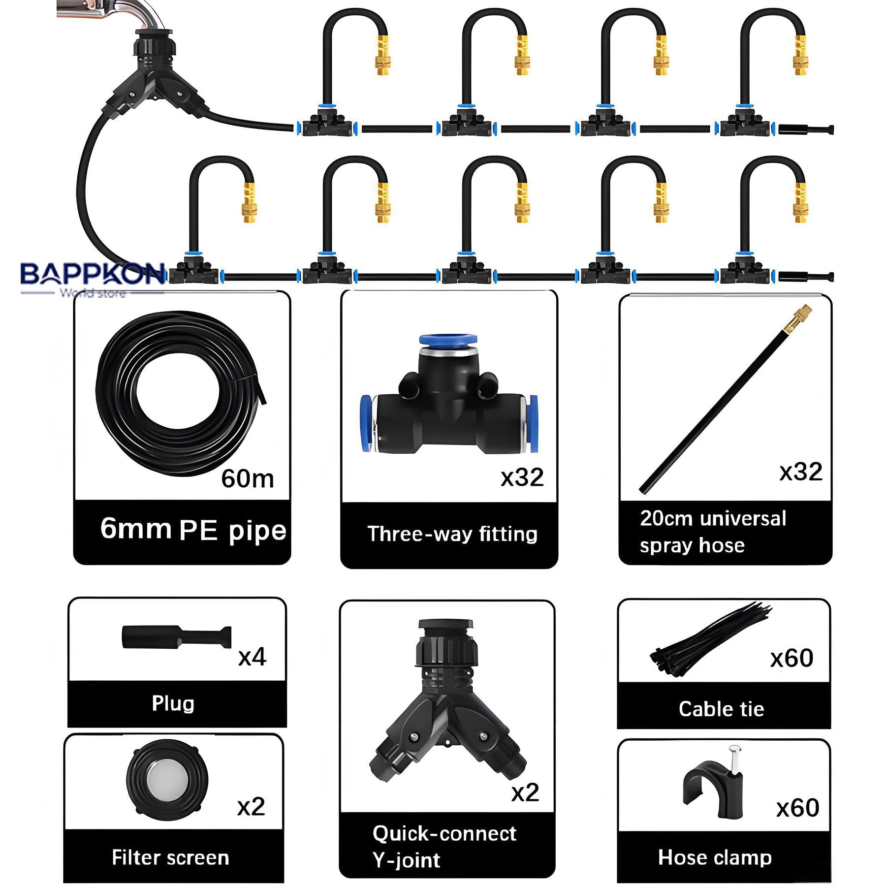 BAPPKON 360° Drip Irrigation Kit - 16 Nozzles, 100ft Auto Watering System - BAPPKON Garden Store