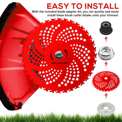 Universal adapter kit contents for brush cutter blade installation