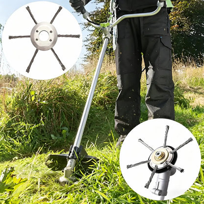 Steel wire brush cutter head installed on petrol strimmer