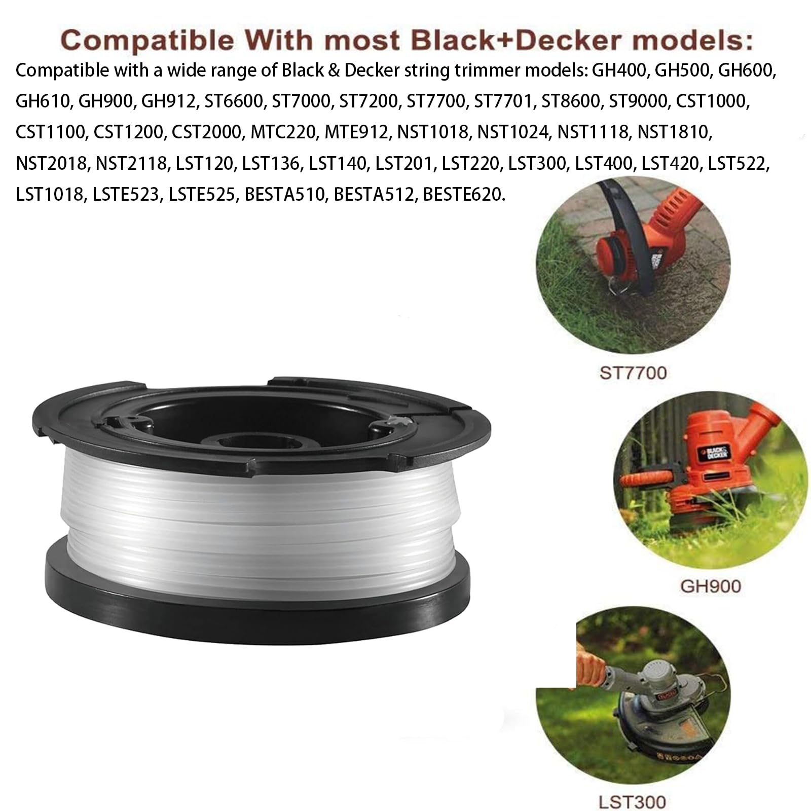 Detailed view of 1.6mm nylon trimmer line on Black & Decker spool